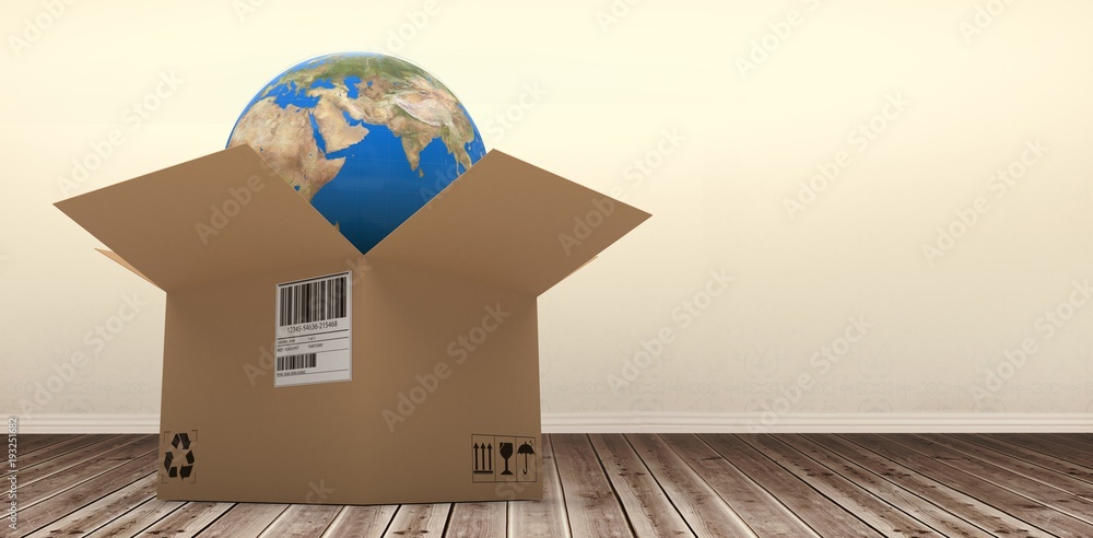 Poster Composite 3d image of digital image of globe in brown cardboard