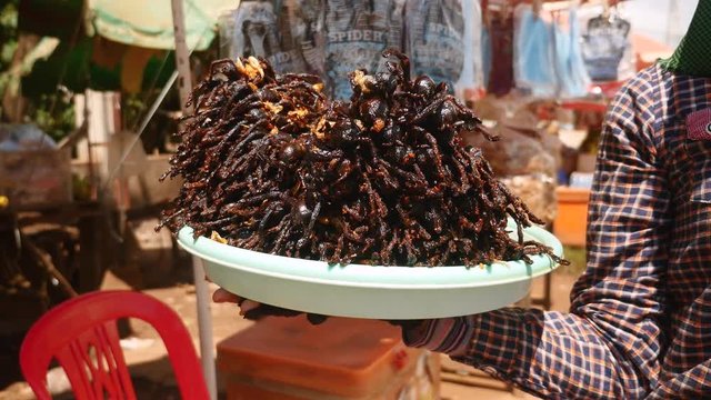 street vendor holding a stack of ready for sale deep fried tarantulas on a plastic bowl ( close-up )