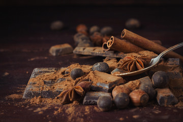 Chocolate, Spices, Spoon with Cocoa, Hazelnut on the Wooden Background. Copy space