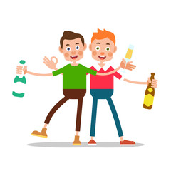 Men drinking alcohol. One boy is holding a bottle in one hand, and in his other hand a glass of champagne. Another guy stands next to bottle of beer. Celebration concept. Illustration in flat style