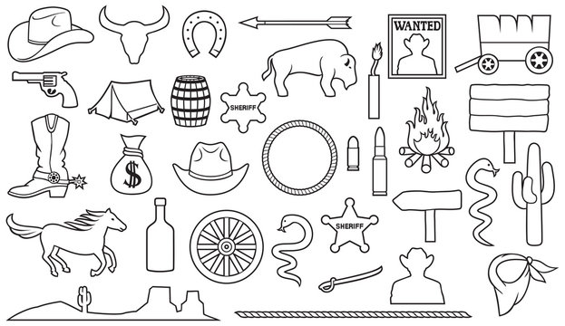 Wild West A Thin Line Icons Set