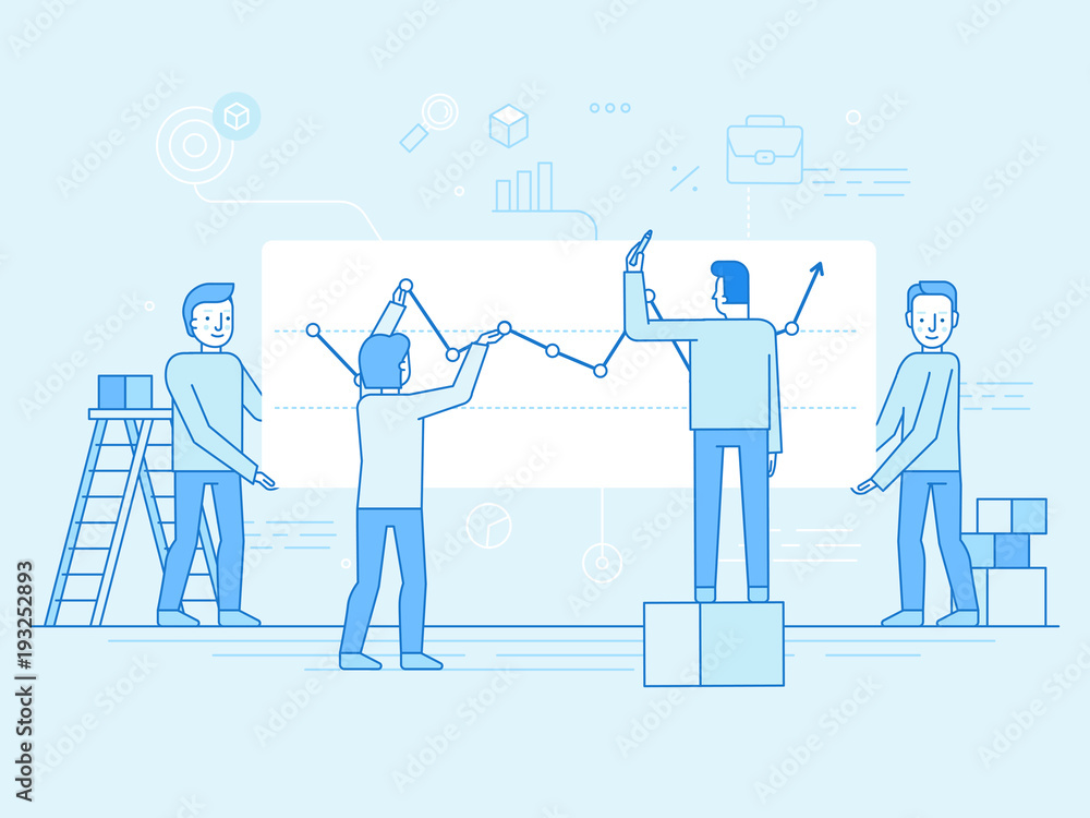 Poster vector illustration in flat linear style and blue color - business analytics and marketing concept