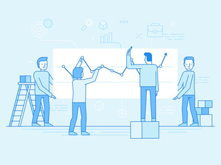 Vector illustration in flat linear style and blue color  - business analytics and marketing concept