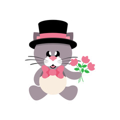 cartoon cute cat sitting with tie and hat and flowers