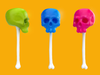 Cartoon funny candy in form of skull on bone. Stylish cute colorful children illustration isolated on simple background. Template for design project. Realistic 3d render.