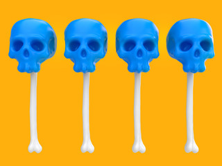 Cartoon funny candy in form of skull on bone. Stylish cute colorful children illustration isolated on simple background. Template for design project. Realistic 3d render.