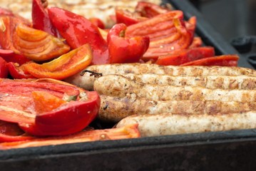 Fried, on the grill, vegetable and meat sausages.