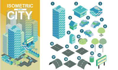 Flat isometric city blocks with roads and crossroads vector illustration volume1