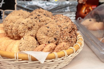 Fragrant cookies on presentation in a wicker basket