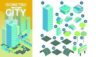 Flat isometric city blocks with roads and crossroads vector illustration volume1