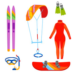 Fun water extreme sport kiteboarding surfer sailing leisure sea activity summer recreation extreme vector illustration.