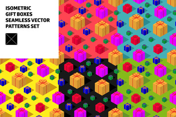 Isometric different colors gift box seamless pattern vector set on red blue yellow black green background