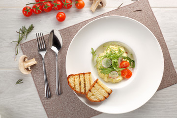 mashed potatoes on white wooden background