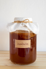 fermented drink, Kombucha healthy natural probiotic drink in a glass jar..