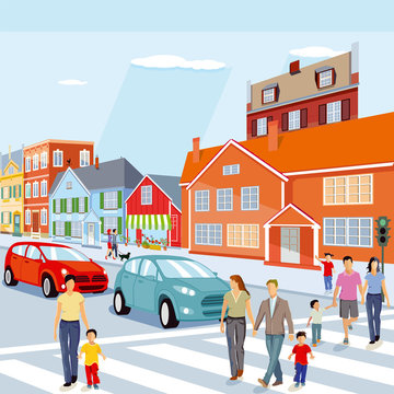 Stadt mit Fußgängerüberweg und Autos, Illustration