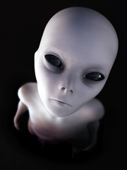 3D rendering of an alien looking up at you.