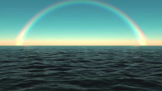 Rainbow above ocean scene loop.  Created for maximum picture quality using Ray-traced 3D renderer with high end graphics card. 