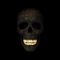 Realistic human black skull with golden ornament. Modern fashion 3d illustration. Creative design concept for print, cover, banner poster.