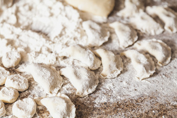 few generated raw dumplings lie on table
