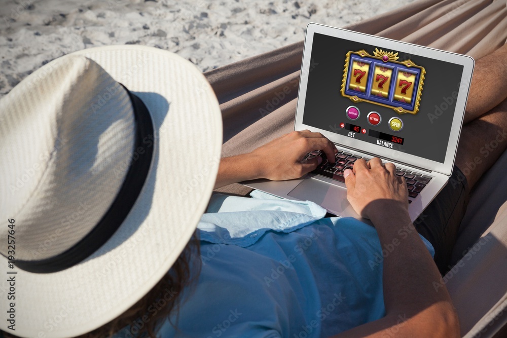 Poster composite image of slot machine with icons and symbols on mobile