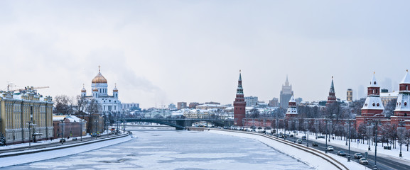 Winter panorama of the Moscow river, Kremlin
