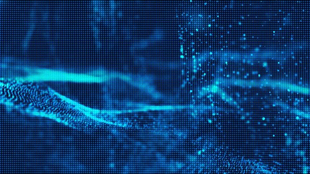 Blue digital particles wave and grid abstract cyber space environment background