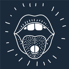 Open mouth with red lips and protruding tongue with pills. 