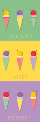 Summertime. Good vibes with ice cream in different color tones. Text : Summer Vibes Ice Cream