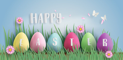 Illustration of Easter day with egg in grass.
