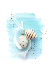 easter eggs and feathers on watercolor background