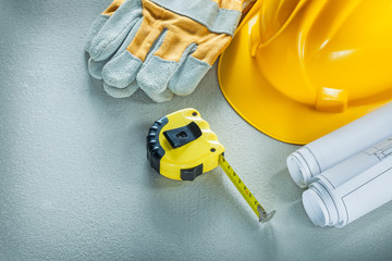 Set of blueprints building helmet protective gloves measuring ta