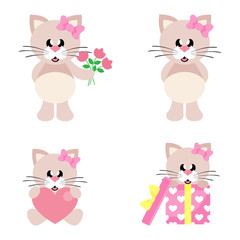 cartoon cute cat girl with bow set
