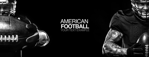 Sport concept. American football sportsman player on black background with copy space. Sport...