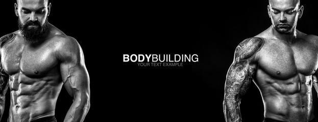 Sports wallpaper on dark background. Power athletic guy bodybuilder. Sport nutrition ads poster.