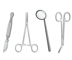 Vector medical tools set on white background, scalpel, scissors, forceps, dentist mirror,
surgical equipment 
