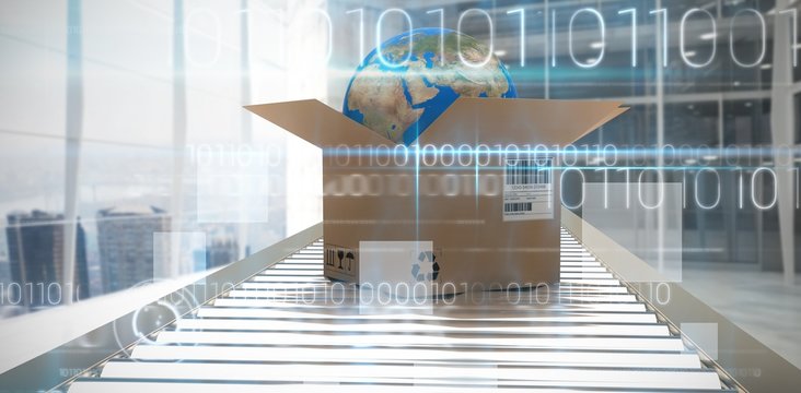 Composite image of cardboard box with globe on 3d conveyor belt - Powered by Adobe