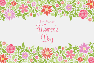 Cute card for Women's Day with cartoon flowers. Vector.