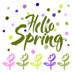 Phrase Hello spring Brush lettering isolated on polka dots background. Handwritten vector Illustration.