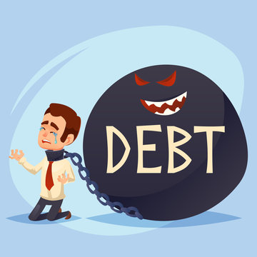Funny Cartoon Character. Sad manager business man Office Worker with a Big Debt Weight. colorful vector Illustration