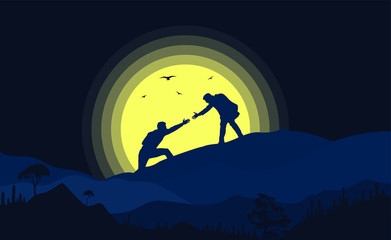 Helping hand silhouette, mountain, moonlight vector illustration