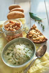 Homemade cream of potato soup with parmesan and thyme, ingredients