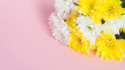 bouquet of white and yellow chrysanthemums on a pale pink background