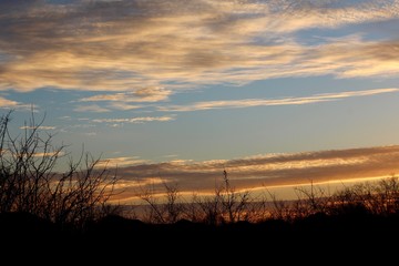 The white and gray cloudscape in the evening sky.