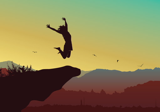 Freedom and independence concept background, Silhouette of a happy woman jumping on top of the mountain - Vector illustration 