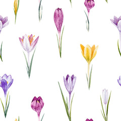Watercolor crocus floral vector pattern