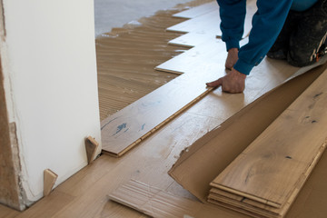 Renovation of an apartment, skilled worker uses a plastic hammer when installing pre-finished interlocking parquet. Laying with brown glue on an existing floor. Installation of oak colored parquet