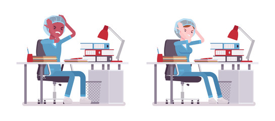 Male, female nurse in negative emotions at the desk
