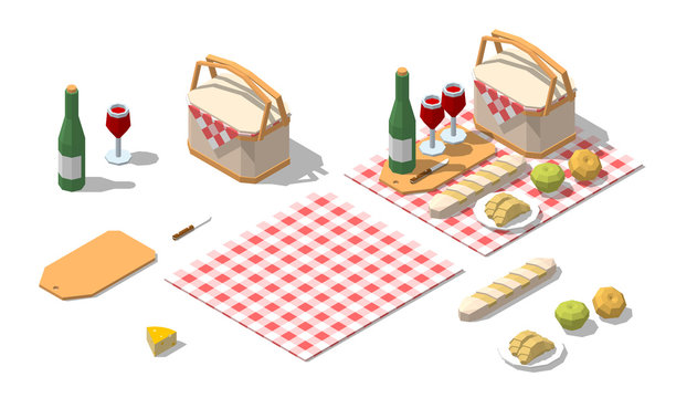 Isometric Low Poly Picnic Food Set. Vector Illustration