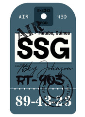 Malabo airport luggage tag. Realistic looking tag with stamp and information written by hand. Design element for creative professionals.