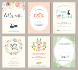 Vector Easter Party Invitations and Greeting Cards with eggs, flowers, floral wreath, rabbit and typographic design on the textured background.